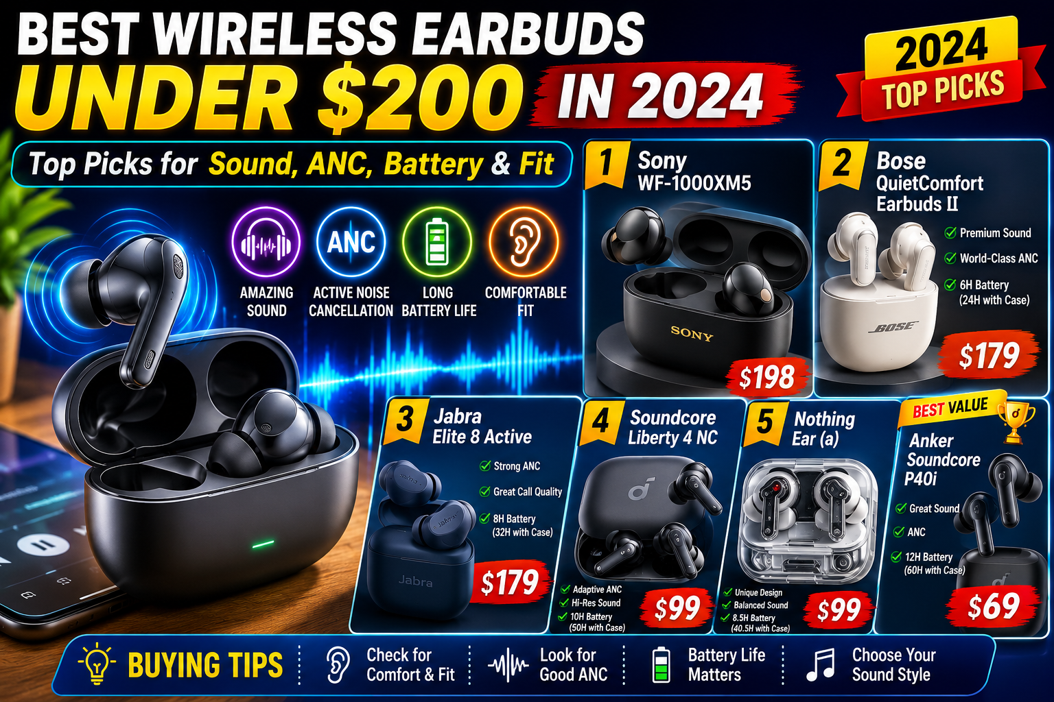 best wireless earbuds under 200 dollars 2024